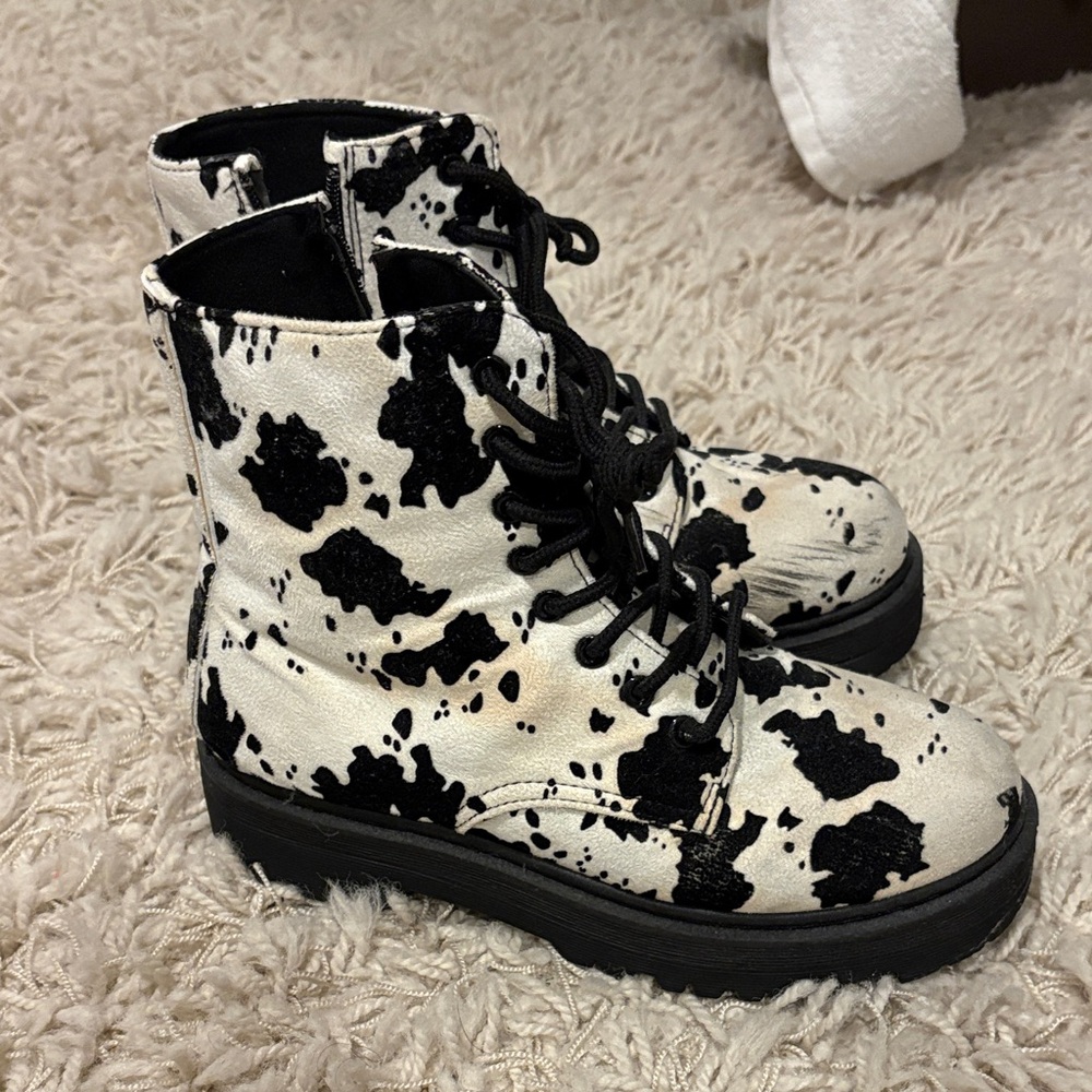 Cow Print Lace-Up Boots
